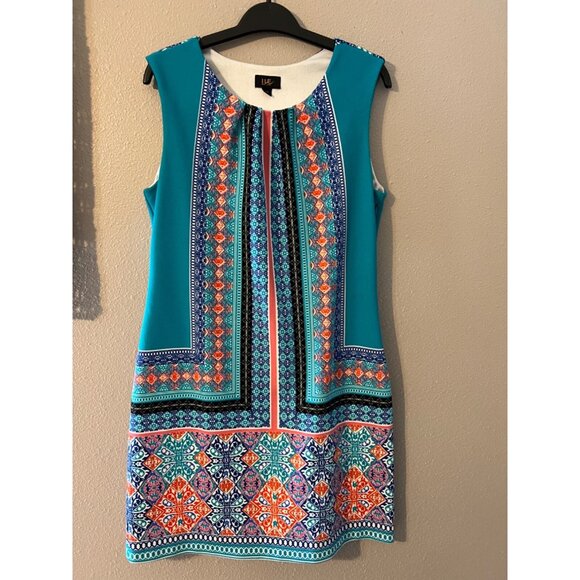 ILE Dress 12 Blue Coral White Washable Stretch Shift Side Zip Sleeveless Summer - Picture 2 of 5